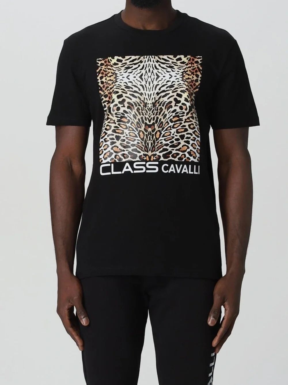 Cavalli Class Black Tee with Leopard Graphic Panel, L